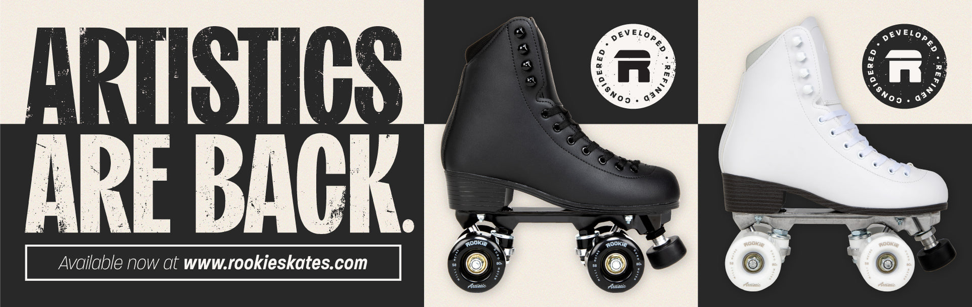 Rookie Artistic black and white roller skates.